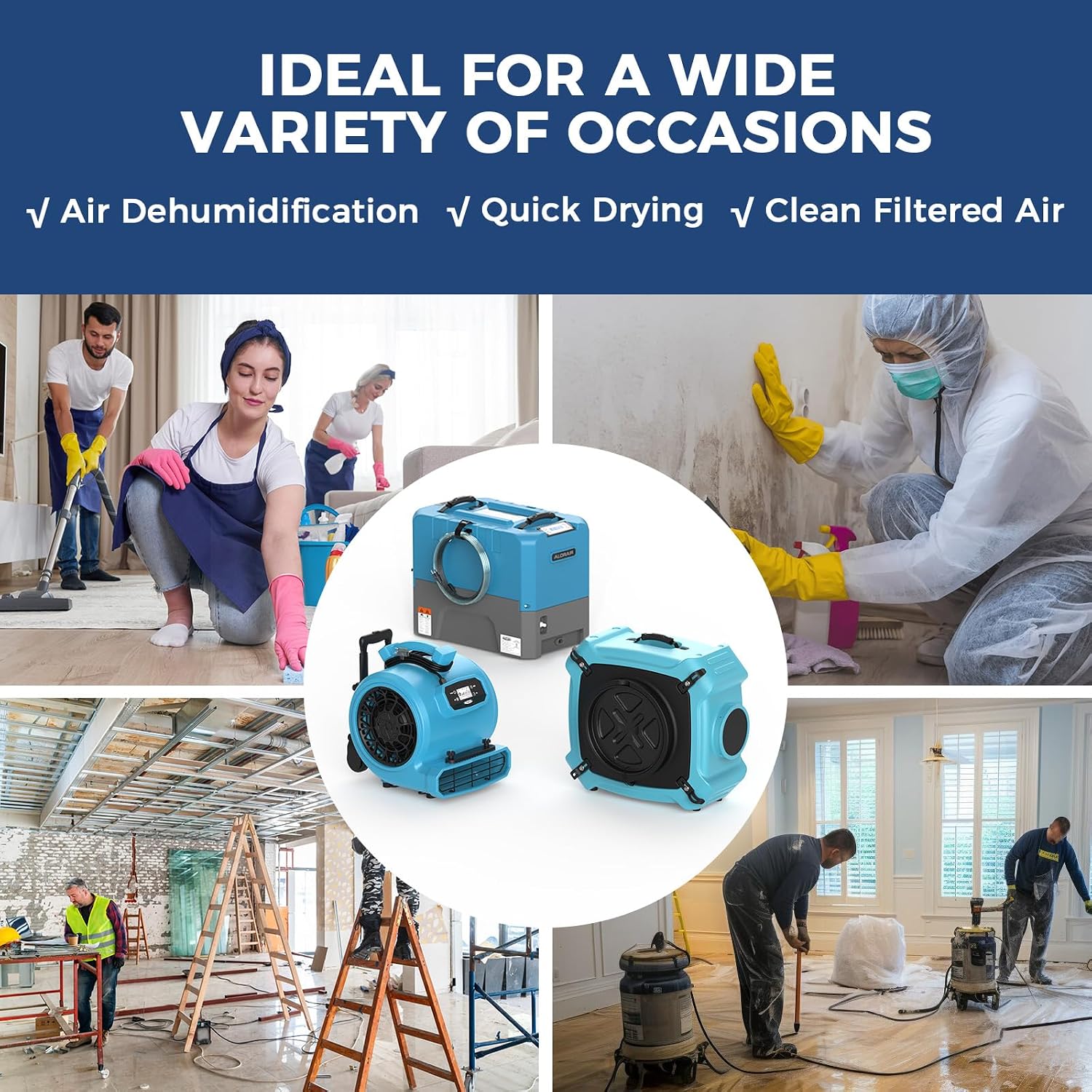 ALORAIR Water Damage Restoration Combo Package 8x Air Mover 2x Air Scrubber 1x Commercial Dehumidifier Ideal for Industrial, Commercial & Home Use - Set 4