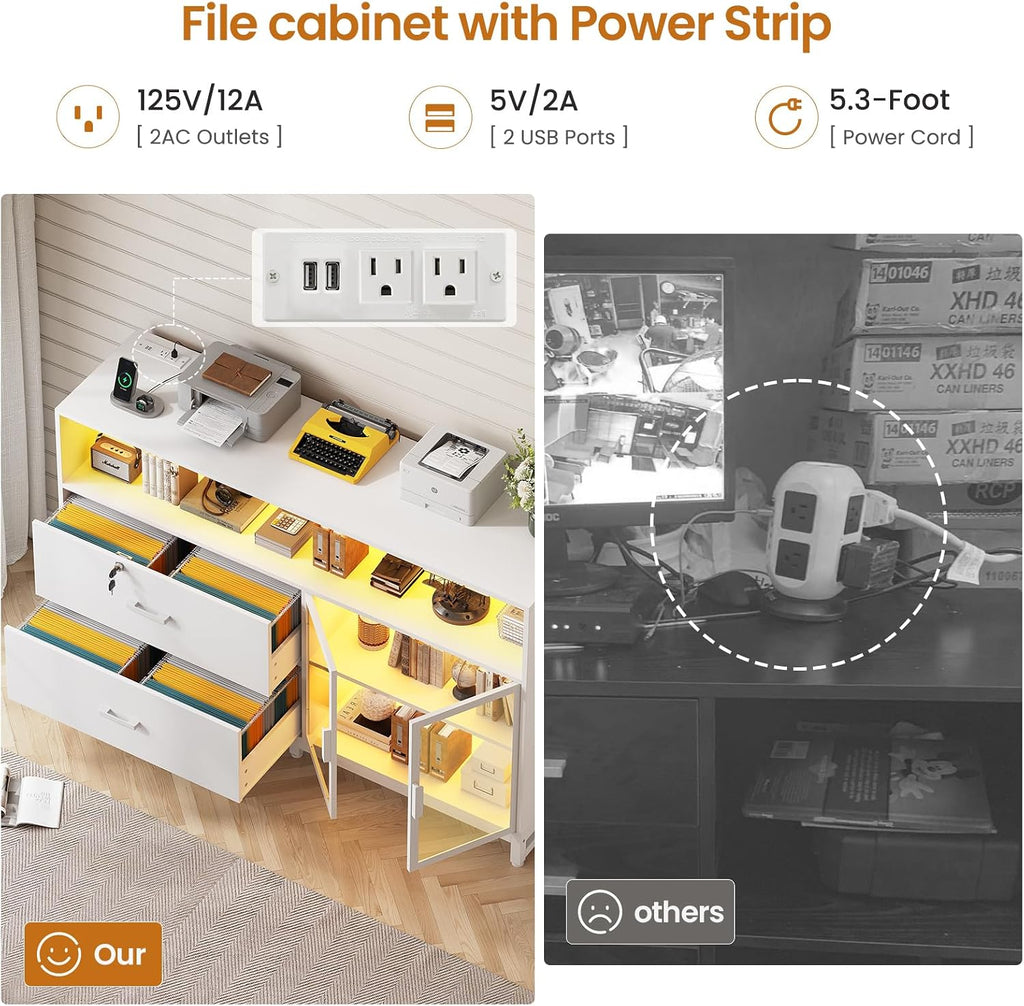 SEDETA 59' File Cabinet, 2 Drawers Filing Cabinets for Home Office fit Legal/Letter/A4 File, File Cabinet with Lock & Power Outlets, Printer Stand with Storage & LED Lights, White