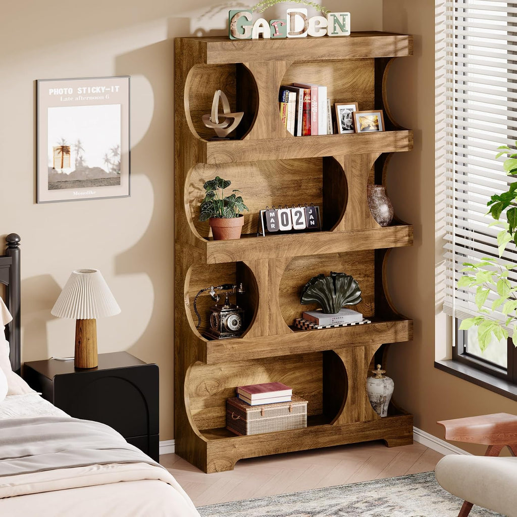 Tribesigns 71' Tall Bookcase, 4-Tier S-Shaped Bookshelf, Wood Decorative Storage Shelving, Modern Freestanding Display Shelves, Large Library Book Shelf Unit for Home Office Living Room Bedroom, Brown