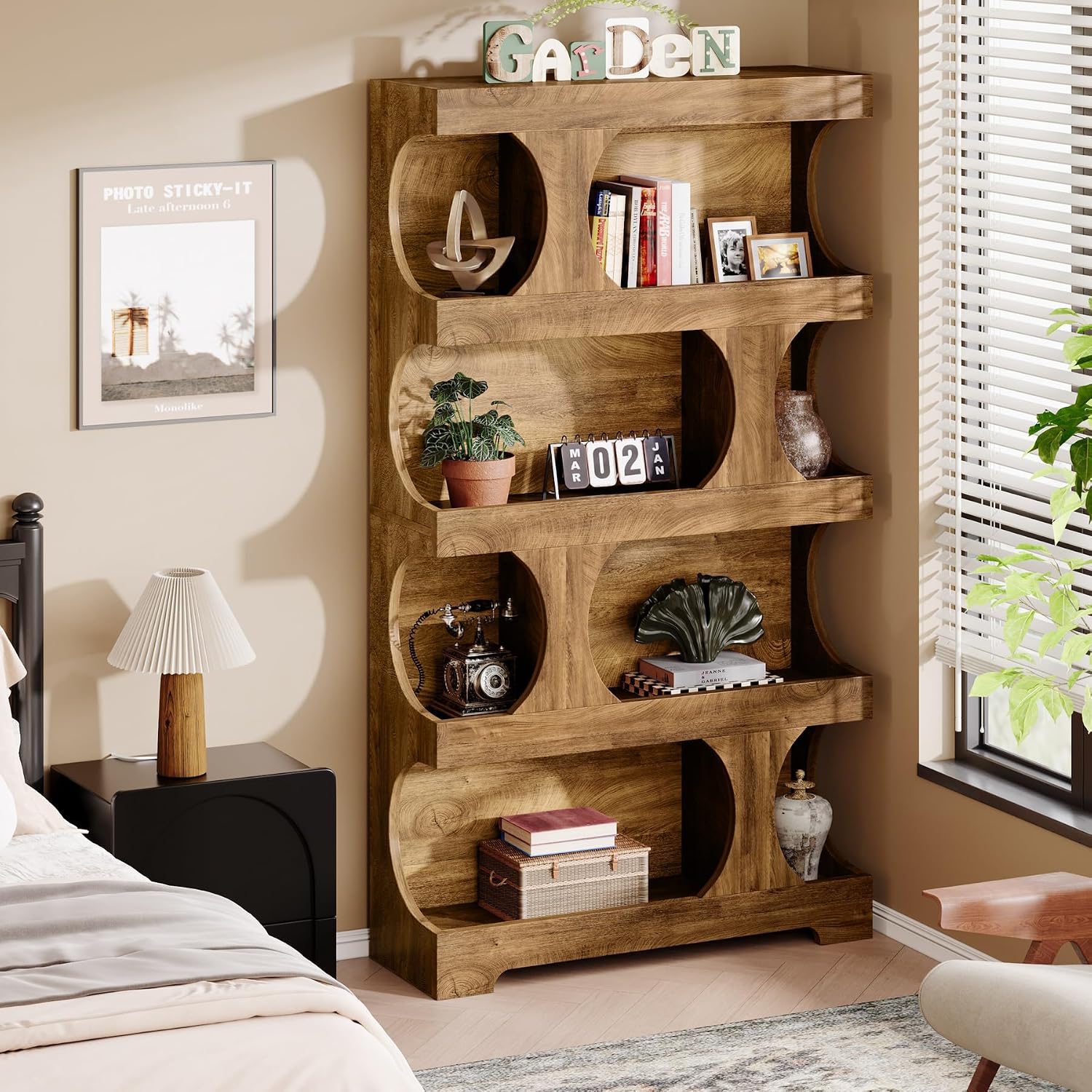 Tribesigns 71' Tall Bookcase, 4-Tier S-Shaped Bookshelf, Wood Decorative Storage Shelving, Modern Freestanding Display Shelves, Large Library Book Shelf Unit for Home Office Living Room Bedroom, Brown