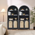 RowyPoey Rattan Arched Cabinet Bookshelf - 69.3' Tall Mid Century Display Cabinet, Rounded Bookcase with Rattan Doors, Open Shelf Storage for Dining Room (Black, 2 PCS)