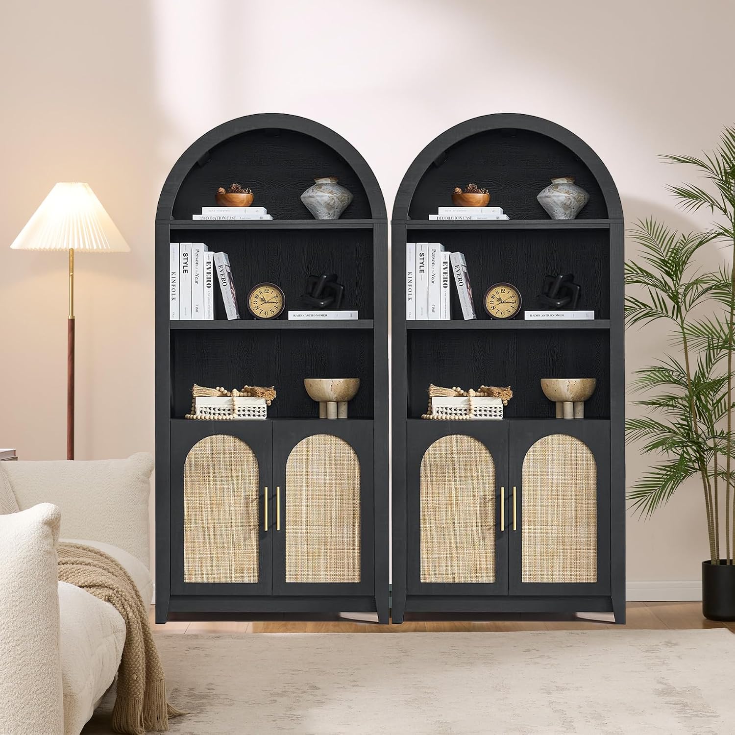 RowyPoey Rattan Arched Cabinet Bookshelf - 69.3' Tall Mid Century Display Cabinet, Rounded Bookcase with Rattan Doors, Open Shelf Storage for Dining Room (Black, 2 PCS)