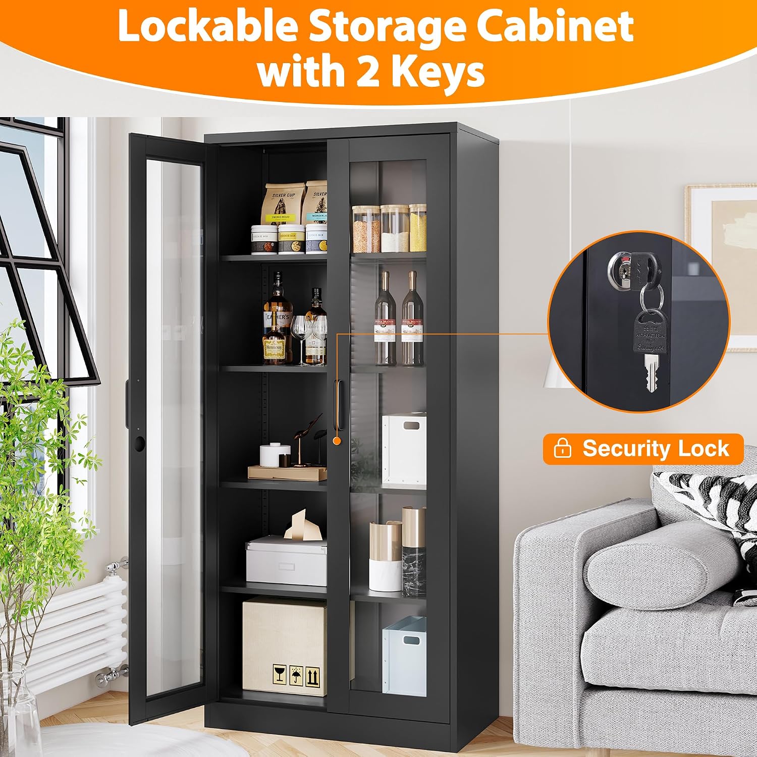 Glass Display Cabinet with 4 Adjustable Shelves, 71' Tall Curio Cabine with Tempered Glass Door, Liquor Cabinet with Lock, 5-Tier Bookcase Storage Cabinet for Home, Study, Living Room (Black)