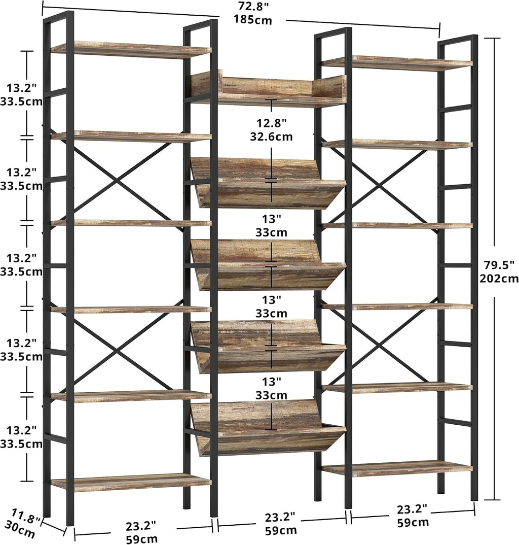 IRONCK Industrial Bookshelves 6 Tiers Triple Wide Bookshelf, Large Etagere Bookshelf Open Record Player Shelves with Metal Frame for Living Room Home Office