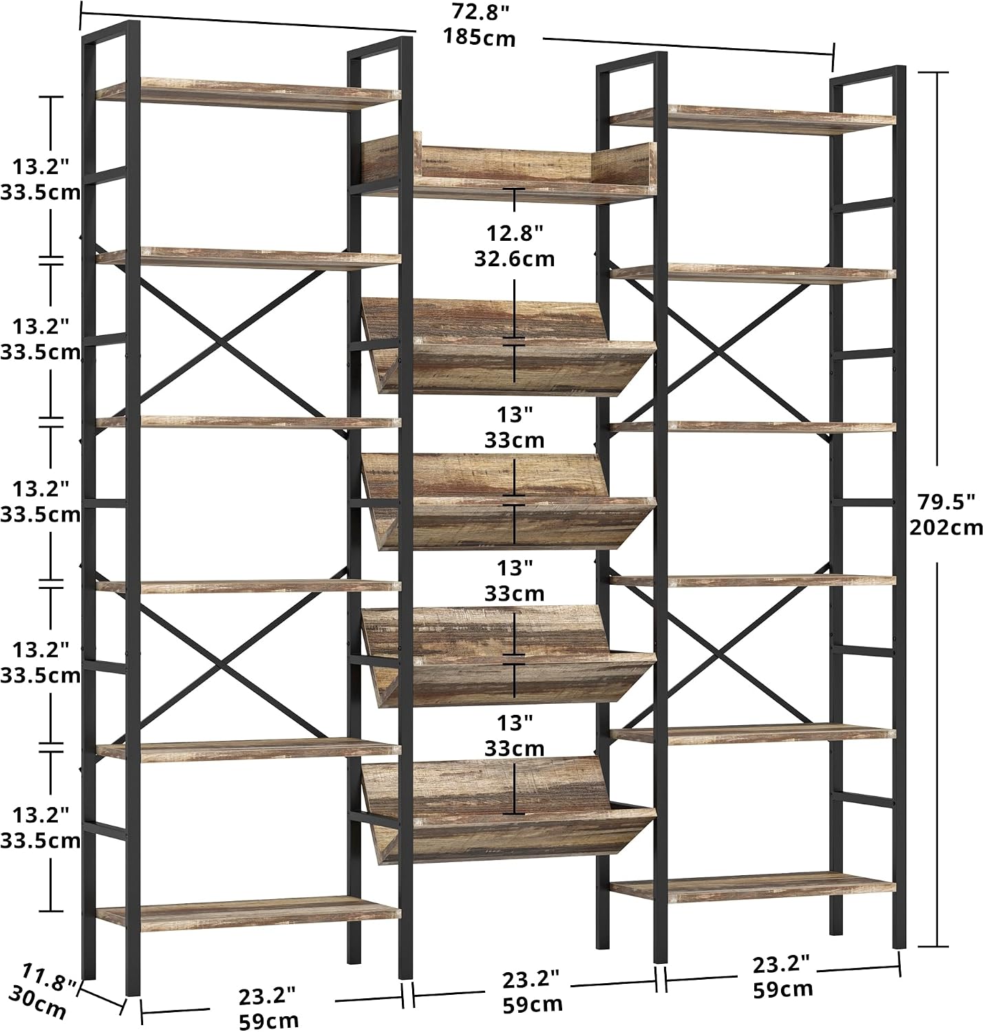 IRONCK Industrial Bookshelves 6 Tiers Triple Wide Bookshelf, Large Etagere Bookshelf Open Record Player Shelves with Metal Frame for Living Room Home Office