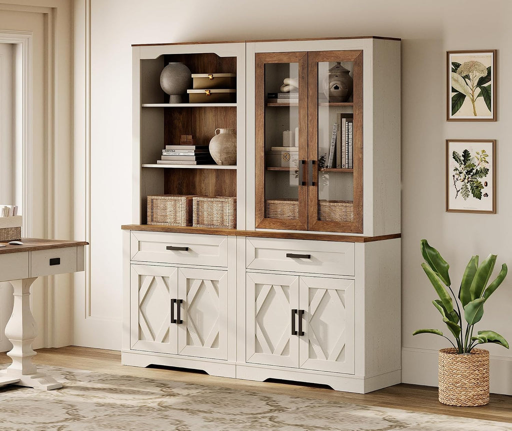 WAMPAT 5-Tier Bookcase with Sturdy Glass Doors,73.3' Tall Standing Rustic Bookshelves with Drawers, 63' Wide Modern Farmhouse Display Cabinet with Adjustable Shelves for Home,Office,White&Oak