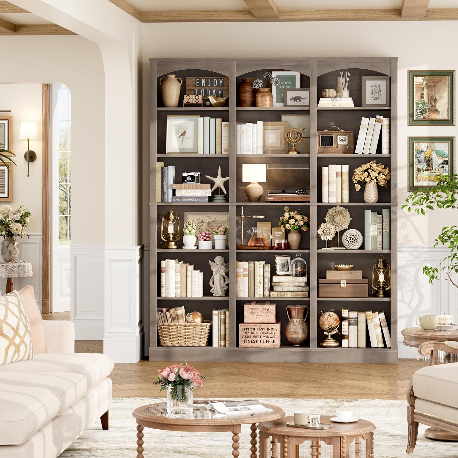 FACBOTALL 71' Triple Wide Bookshelf, 6 Tier Tall Bookshelf, Large Bookcase with Curved Baffle, 63.4' Wide Book Shelf with 18 Open Display Shelves for Living Room, Study, Gray