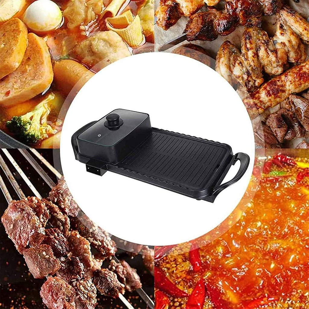 Electric Grill with Hot Pot 2 in 1 Indoor Korean BBQ Grill and Pot with Divider 1600W Separate Dual Temperature Control, Capacity for 2-8 People,Household Nonstick Electric G