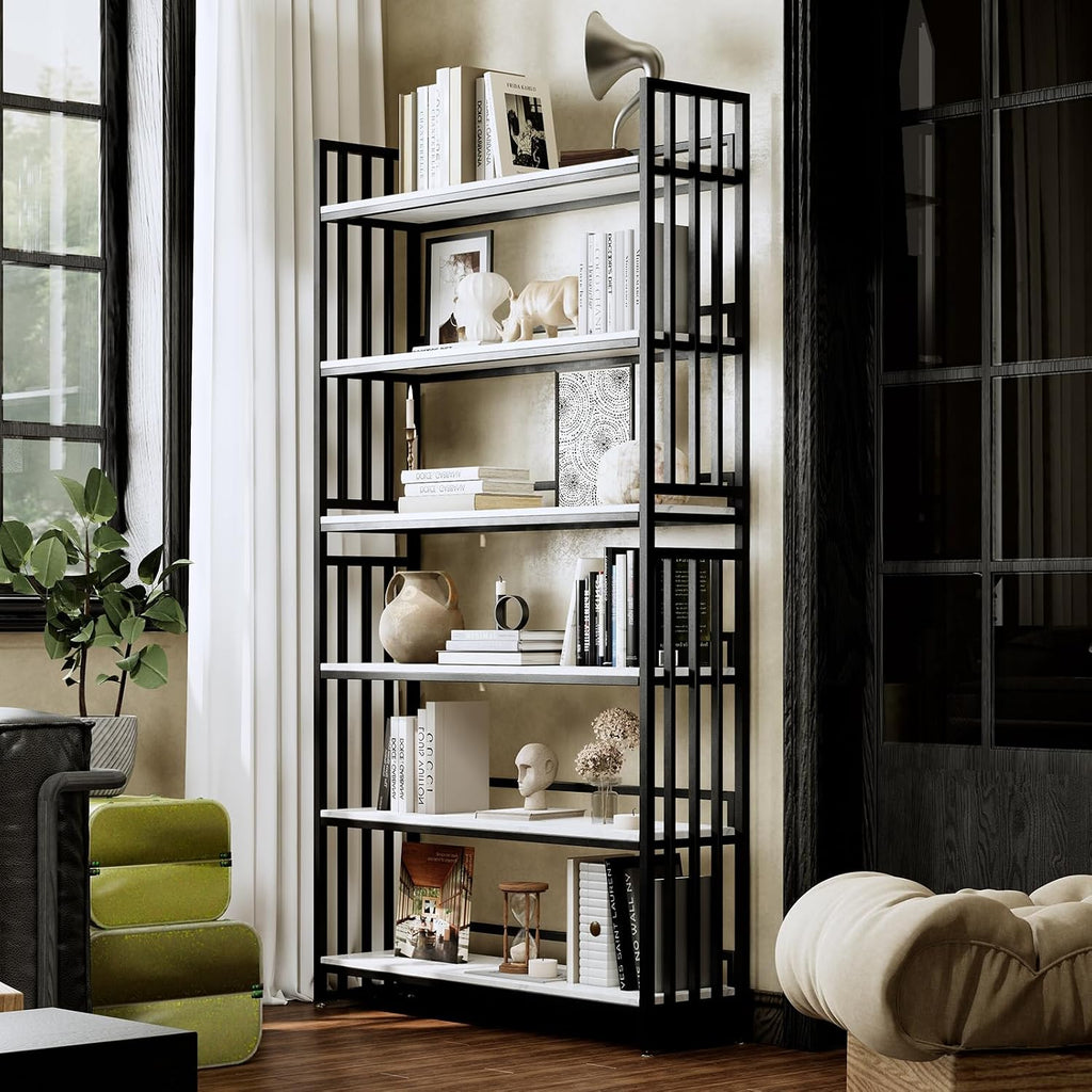 Tall Metal Bookshelf, Modern Industrial Open Bookcase with 6 Shelves, Freestanding Storage & Display Shelf for Living Room, Home Office, Apartment, Black Frame