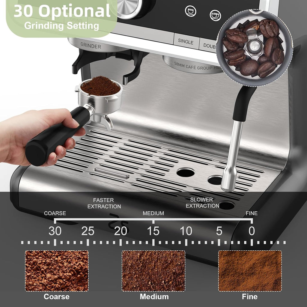 Espresso Machine, Semi-Automatic Espresso Machine with Built-in Grinder, 1450W, 120V, 60Hz, Stainless Steel and Star Gray Finish for Home Barista Coffee Making