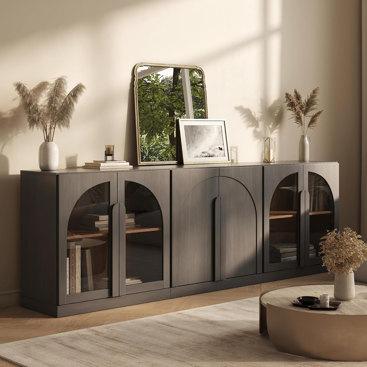 BELLEZE Modular Cabinet 3-Piece Set Sideboard, Modern Wood Buffet Arched Cabinet and 2 Display Glass Door Storage, Freely Configurable Credenza Console for Living Room Kitchen, Ebony