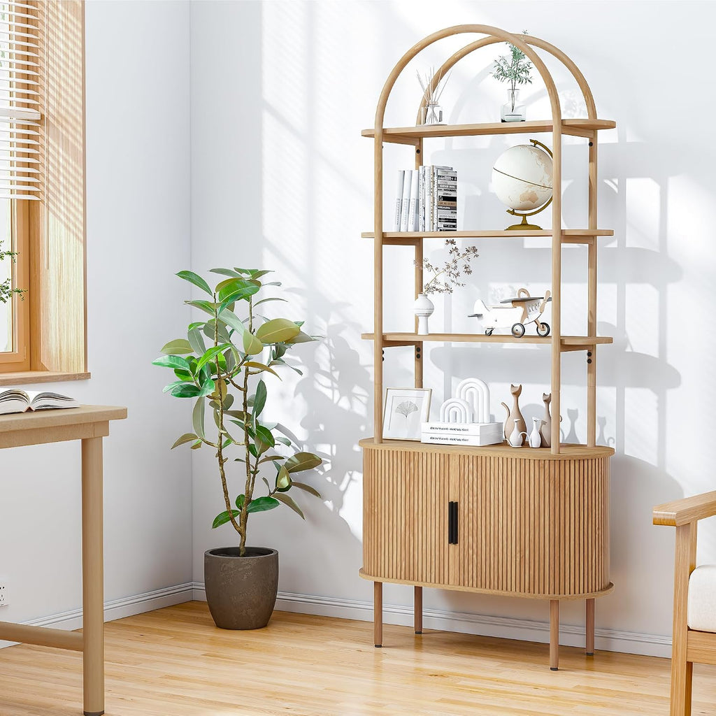 Turtle&Myrtle Tall Arched Bookshelf, Mid Century Modern Fluted Bookcase Cabinet with Sliding Doors, Curved Metal Frame Bookcase, Industrial Storage Display Shelving for Living Room, Bedroom (Natural)
