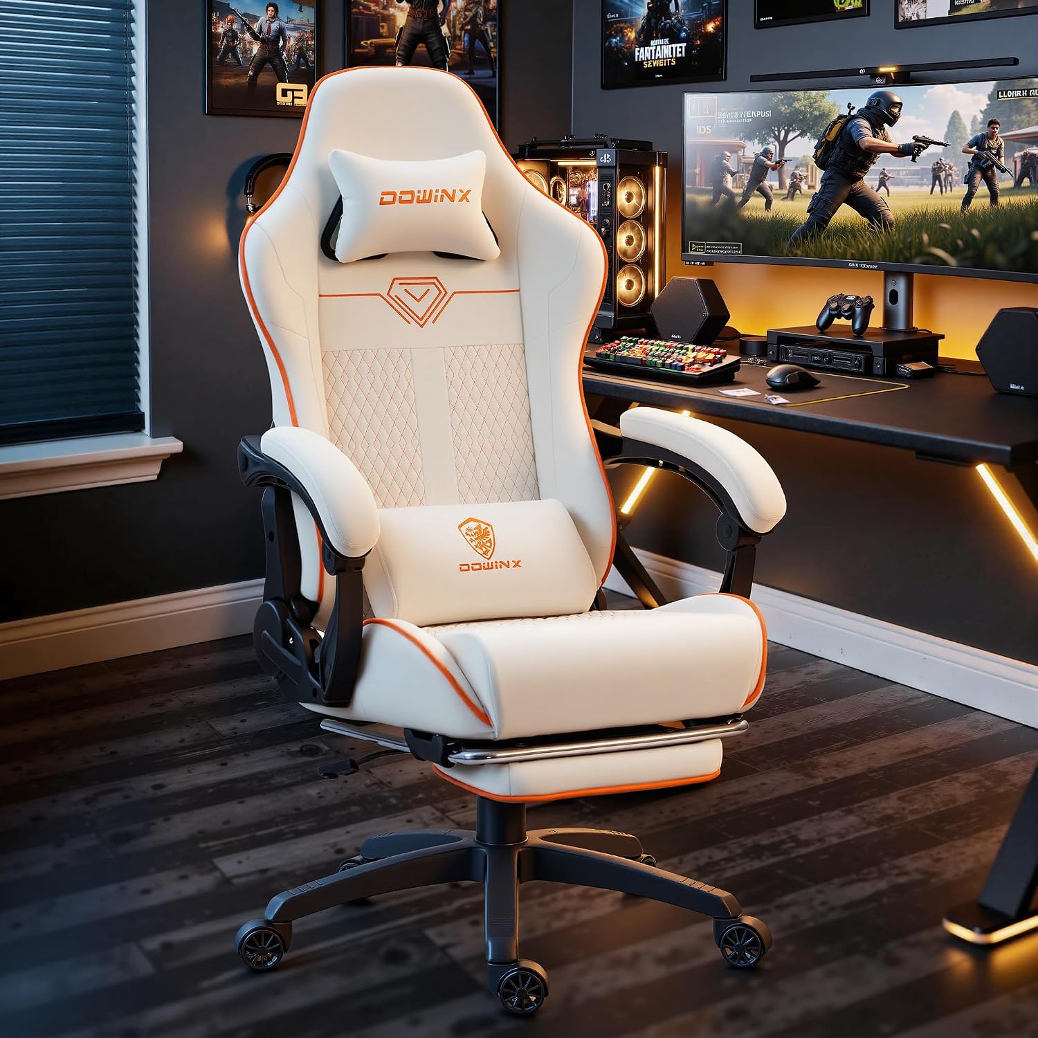 Dowinx Big and Tall Gaming Chair 350LBS, Racing Style Ergonomic Computer Chair with Side-Mounted Recline Control, Footrest & Massage Lumbar, High Back Chair with Embroidered Design for Gaming or Work