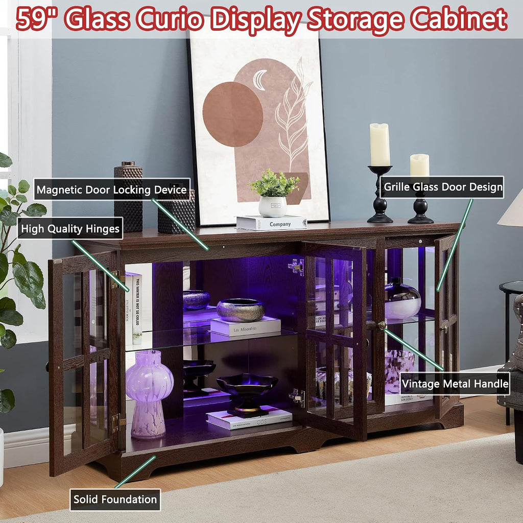 59' Glass Curio Display Storage Cabinet, 4 Doors LED Light Multipurpose Tableware Display Sideboard w/Mirrored Back Pane, Vintage Storage TV Stand for Living Room (Cherry)