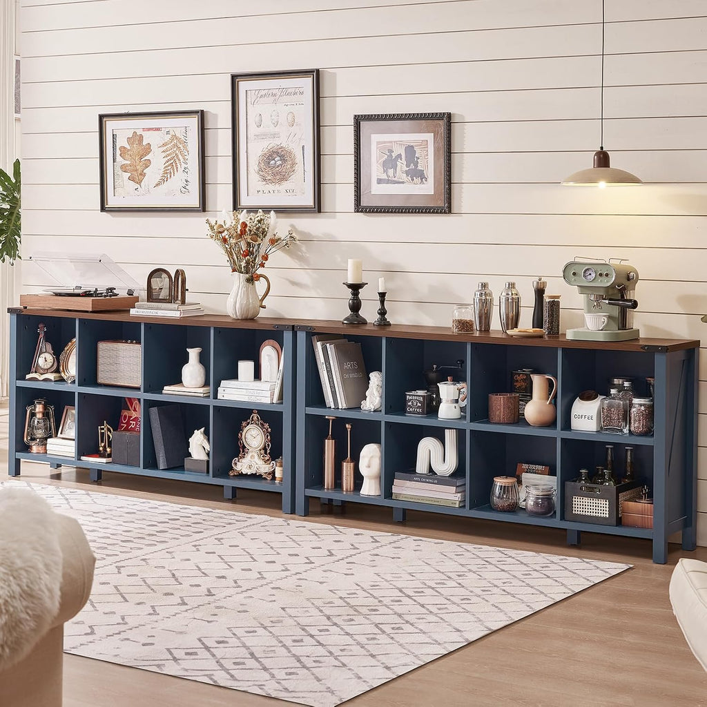 Joaxswe 8 Cube Book Shelf, Farmhouse Wood Long Storage Organizer Bookcase, 62' Horizontal Navy Blue Console Closet Bookshelf, Hallway TV Stand for Entryway, Display Cabinet Book Case for Living Room