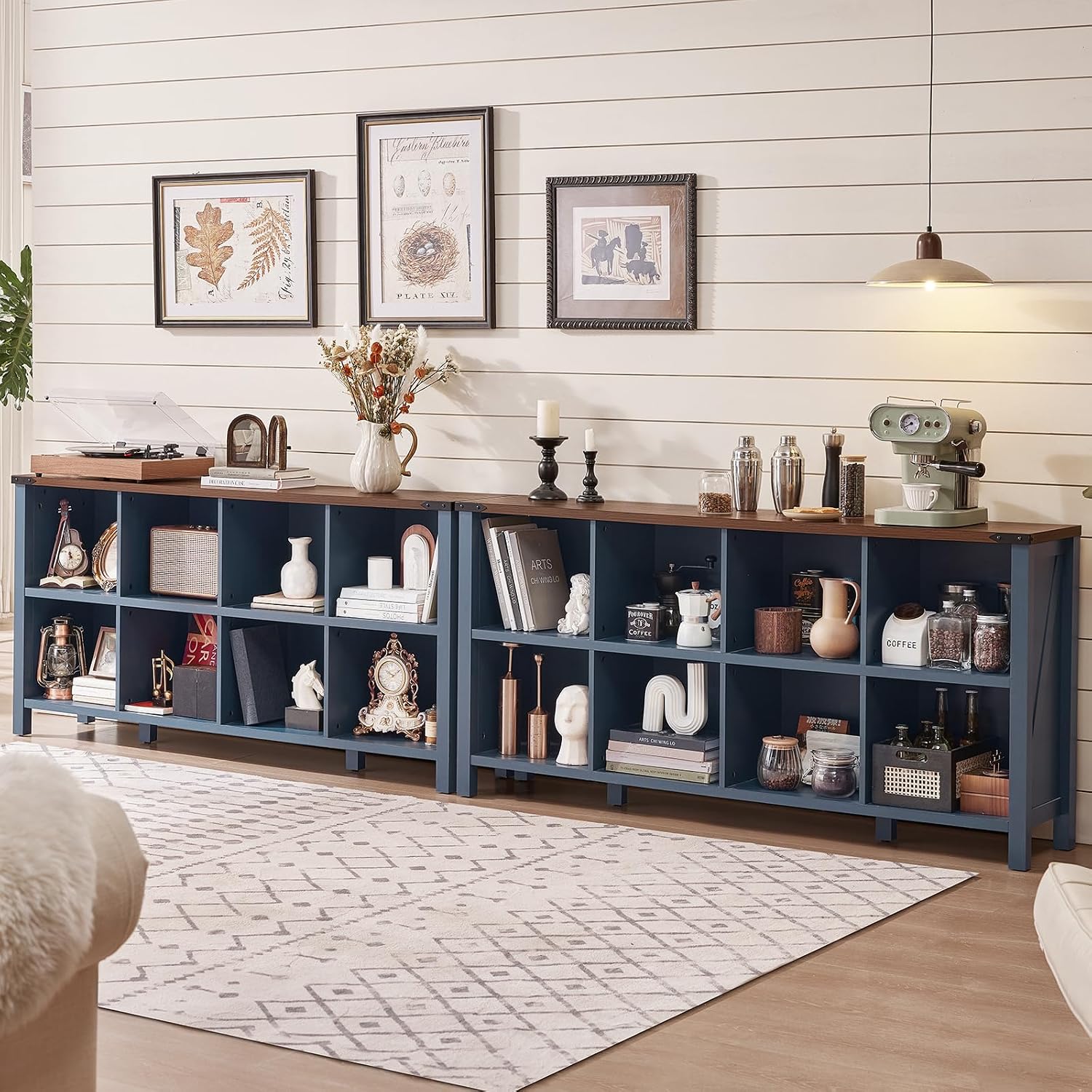 Joaxswe 8 Cube Book Shelf, Farmhouse Wood Long Storage Organizer Bookcase, 62' Horizontal Navy Blue Console Closet Bookshelf, Hallway TV Stand for Entryway, Display Cabinet Book Case for Living Room