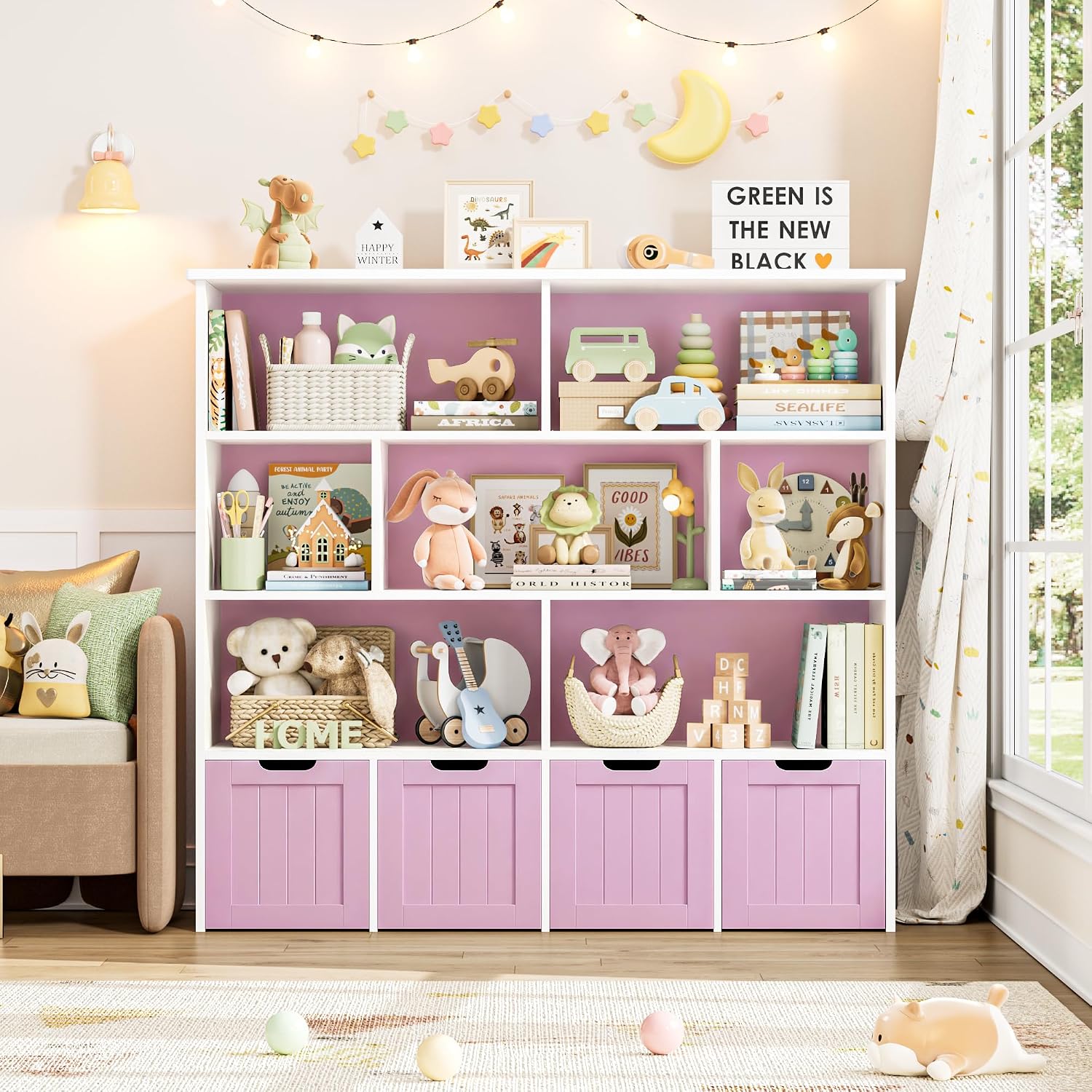 FINETONES Toy Storage Organizer, Kids Bookshelf with 4 Movable Chests and 7 Storage Cubes, Toy Chest Storage with Hidden Wheels, Toy Organizers and Toy Storage, Pink