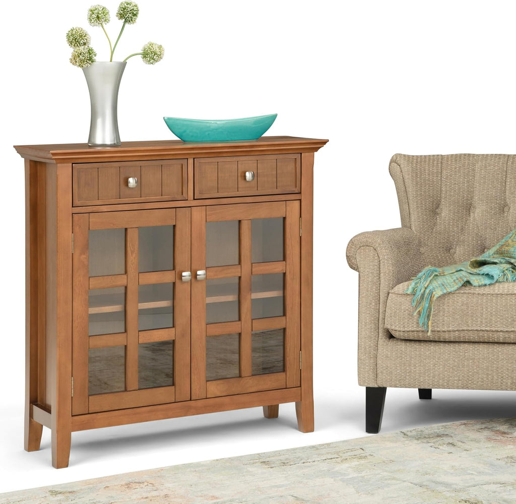 SIMPLIHOME Acadian Storage Cabinet - 36 inch Wide Solid Wood Entryway Storage Cabinet in Light Golden Brown, Transitional Cabinet for Hallway or Living Room with 2 Drawers and Adjustable Shelves