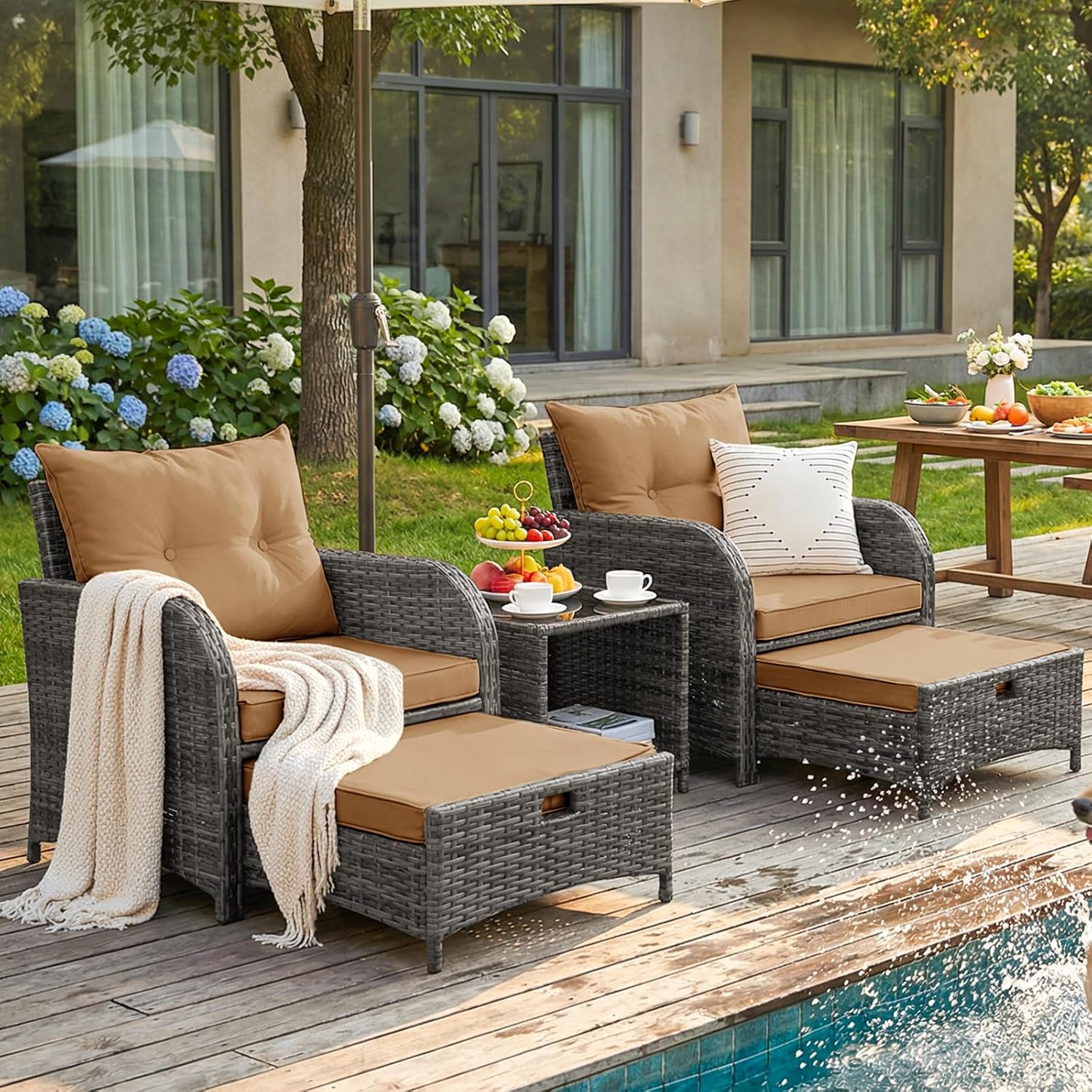 5 Pieces PE Wicker Outdoor Chairs with Ottomans, 5 PCS Rattan Patio Furniture Set with Ottoman, Patio Chairs with Ottomans for Porch Balcony Sunroom, Brown Cushion