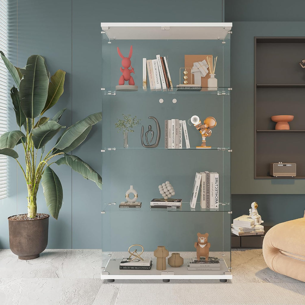 Beauty4U Glass Display Cabinet with 4 Shelves, 2 Doors Curio Cabinets for Living Room, Bedroom, Office, White Floor Standing Glass Bookshelf, Quick Installation