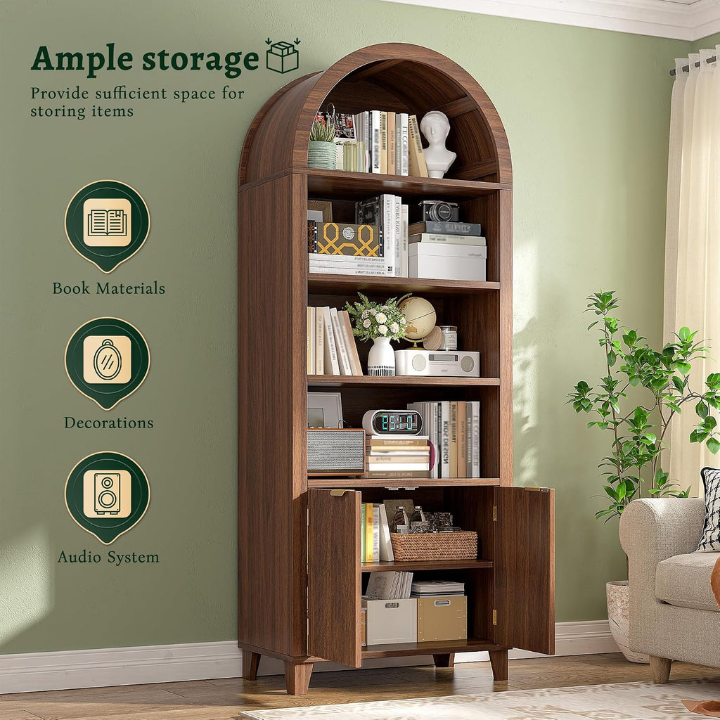 DurayLoly 79.9' Tall Arched Cabinet, 6-Tier Arched Bookcase with Fluted Doors and Adjustable Wood Shelves, Wooden Storage Cabinet with Tall Bookshelf for Office, Living Room, Kitchen, Walnut