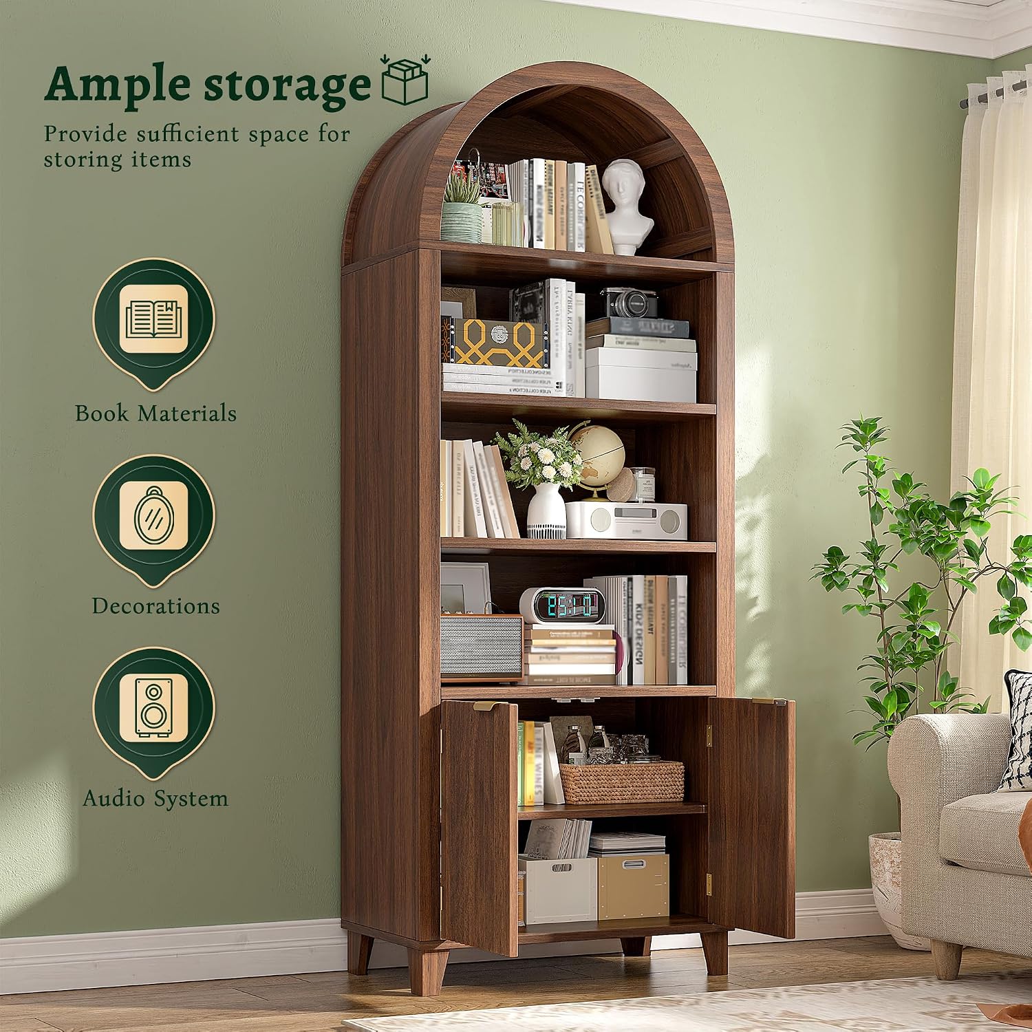 DurayLoly 79.9' Tall Arched Cabinet, 6-Tier Arched Bookcase with Fluted Doors and Adjustable Wood Shelves, Wooden Storage Cabinet with Tall Bookshelf for Office, Living Room, Kitchen, Walnut