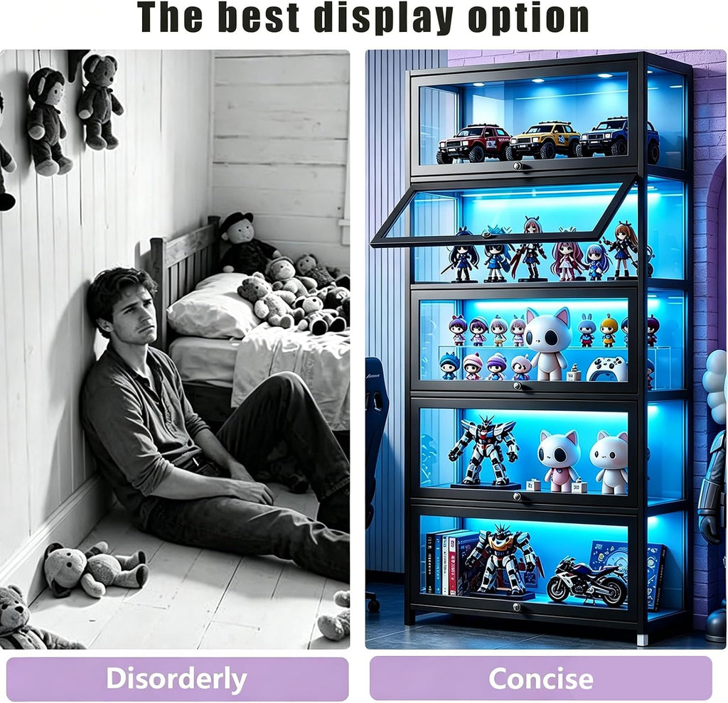 Display Cabinet with Acrylic Glass Door, 5 Tier Curio Display Case, Collectibles Toy Organizers Rack & Display Shelf, Kids Bookcase for Bedroom, Reading Nook, living Room, Bamboo (Black -flip Door)