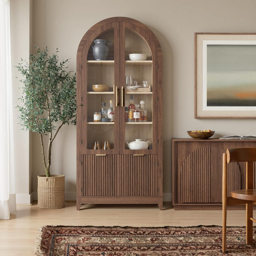 win2win Tall Arched Cabinet with Glass Doors, 69' Pantry Storage Cabinets with Fluted Doors & Adjustable Shelves, Mid Century Modern Wood Display Bookcase for Kitchen, Living Room, Bathroom, Walnut