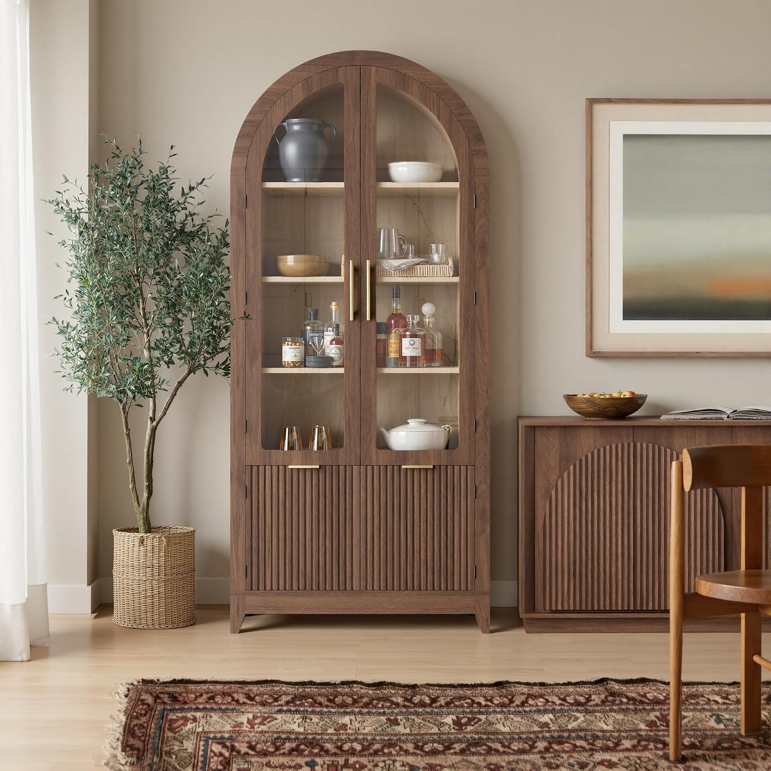 win2win Tall Arched Cabinet with Glass Doors, 69' Pantry Storage Cabinets with Fluted Doors & Adjustable Shelves, Mid Century Modern Wood Display Bookcase for Kitchen, Living Room, Bathroom, Walnut