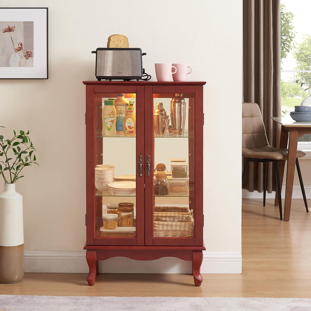 43' H Lighted Curio Cabinet Display Case with Light Bulb, Glass Curio Cabinet with Adjustable Shelves & Tempered Glass Door, Wooden Cabinets w/Mirrored Back Pane for Living Room(Cherry)