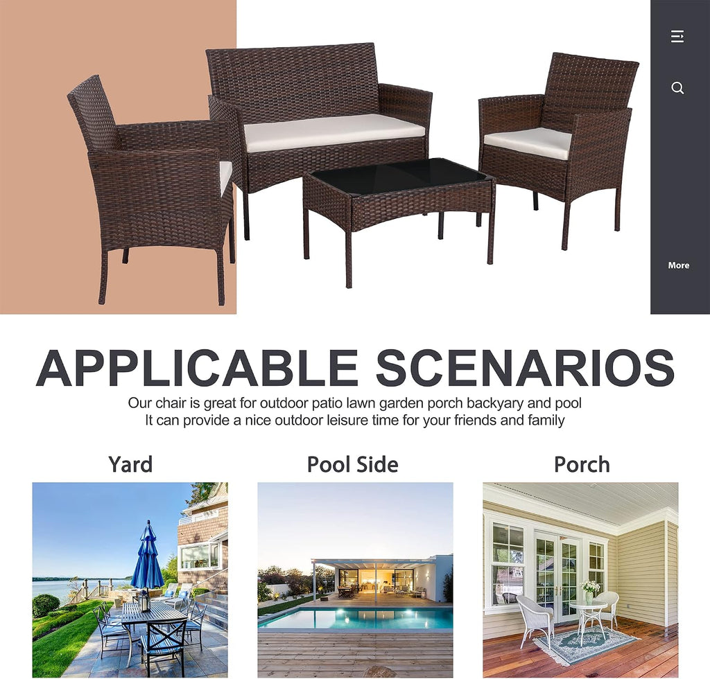 Shintenchi 4 Piece Outdoor Patio Furniture Set, Wicker Rattan Patio Conversation Set, Outdoor Chairs and Loveseat with Coffee Table for Porch, Yard & Poolside (Brown)