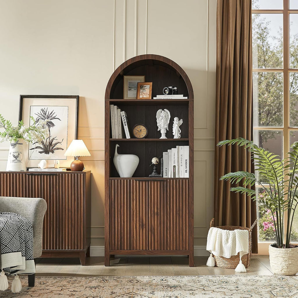 Arched Cabinet Bookshelf Bookcase - 71' Tall Mid Century Arched Display Cabinets, Rounded Bookshelf with Fluted Doors, Open Shelf Storage Cabinet for Dining Room (Walnut)