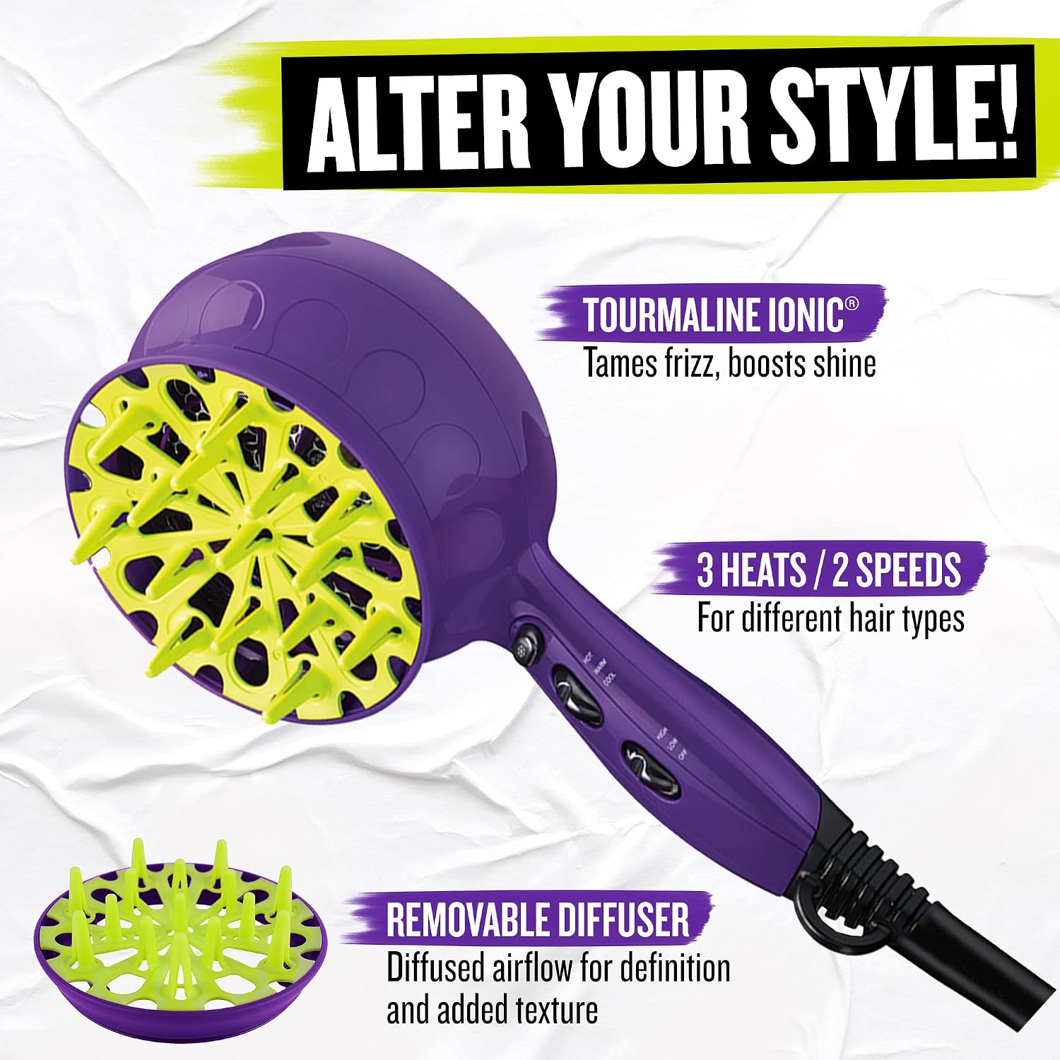 Bed Head Curls-in-Check 1875W Hair Diffuser Dryer | Great for Curly Hair,Reduce Frizz & Static | Diffuser-Hair Dryer Enhances Natural Curl,Waves & Texture,(Pack of 3)