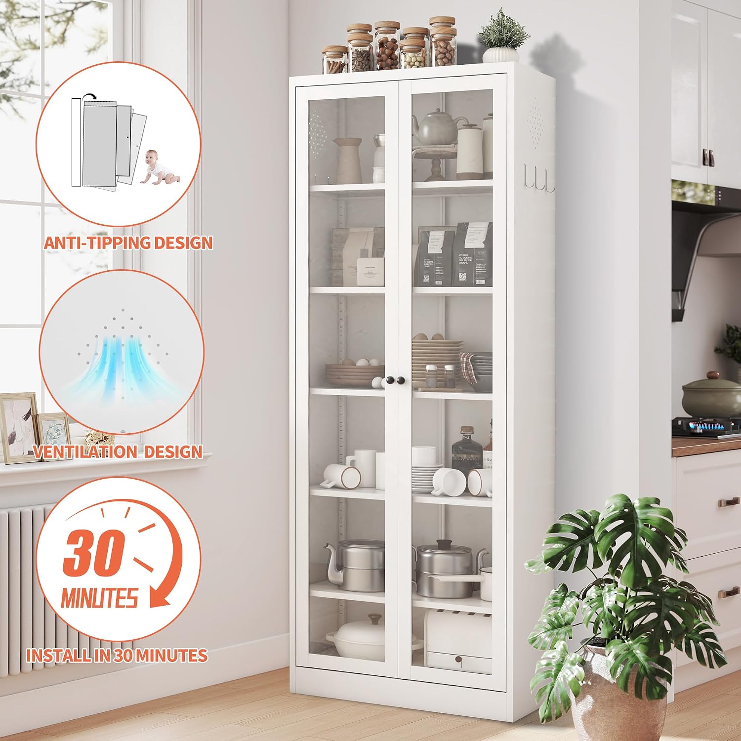 72' Metal Storage Cabinets with Glass Doors and 5 Shelves,White Kitchen Pantry Cabinet,Freestanding Steel Cupboard Display Cabinets for Kitchen,Living,Dining Room,Bathroom,Assembly Required