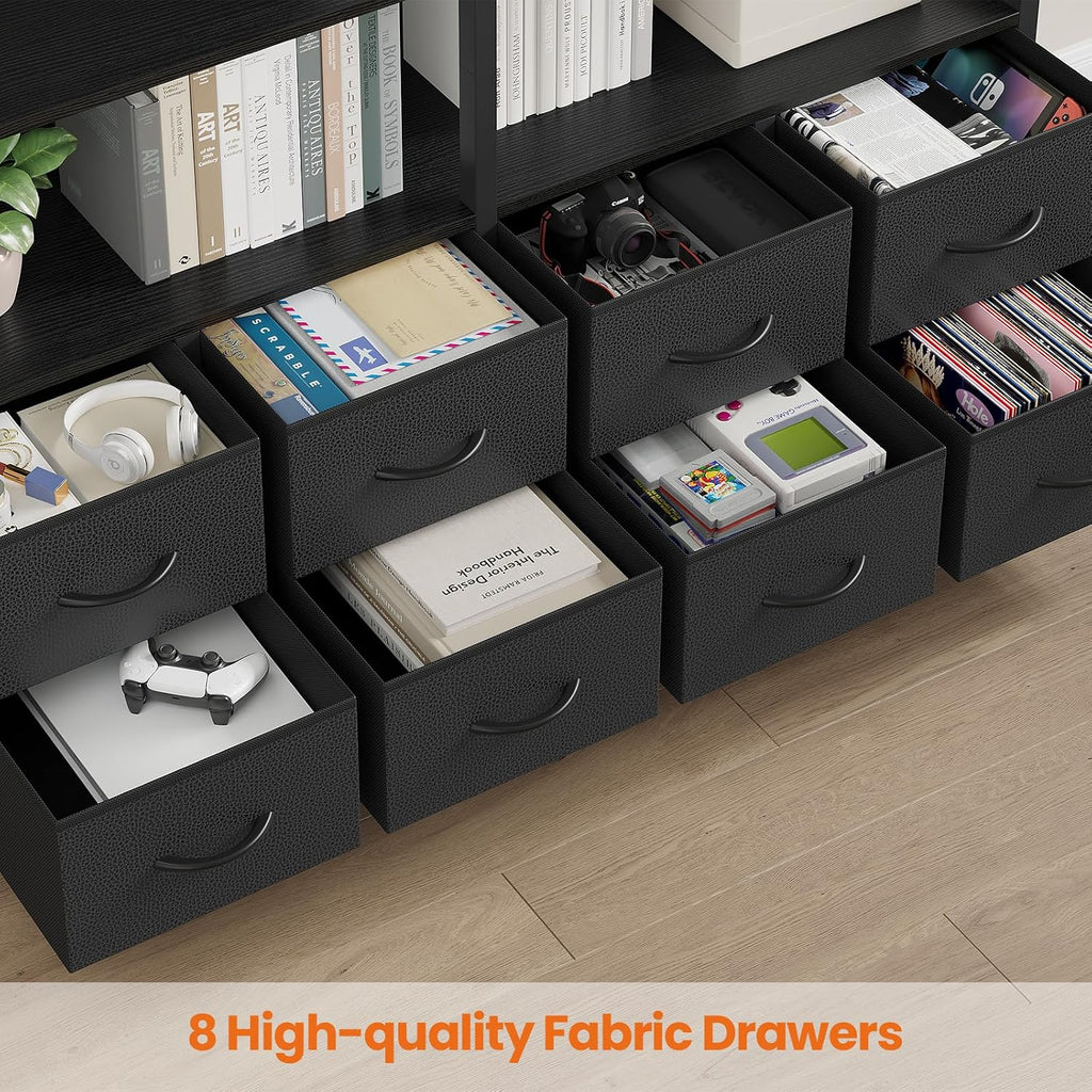 HAUOMS Bookshelf with 8 Fabric Drawers, 7-Tier Bookcase with Baffles Display Shelves, Industrial Large Book Shelf for Living Room Home Office, Black