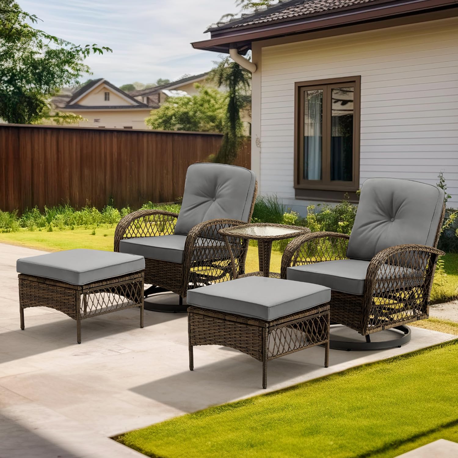 EROMMY 5 Pieces Outdoor Swivel Rocker Patio Chairs, 360 Degree Rocking Patio Conversation Set with Thickened Cushions, Glass Coffee Table and Ottomans for Backyard, Gray