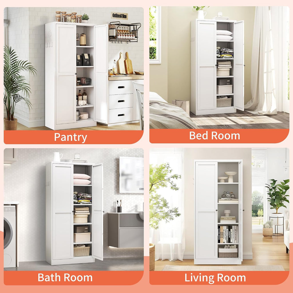 61' Kitchen Pantry Cabinet with 2 Doors and 4 Shelves,White Metal Garage Storage Cabinets,Freestanding Steel Tool Cabinet Utility Cabinets Cupboard for Kitchen,Living,Dining Room,Bathroom