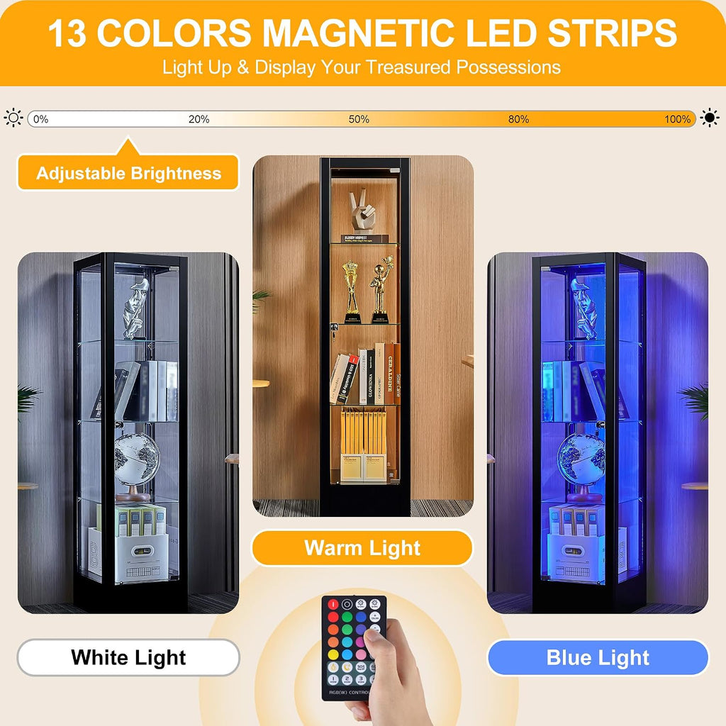Foreate 4-Tier Glass Display Cabinet Case with 13 Colors Light & Lock, 63' Curio Cabinet with Glass Door & Adjustable Shelves, Thickened 5MM Tempered Glass Collectibles Display Case Bookshelf, Black