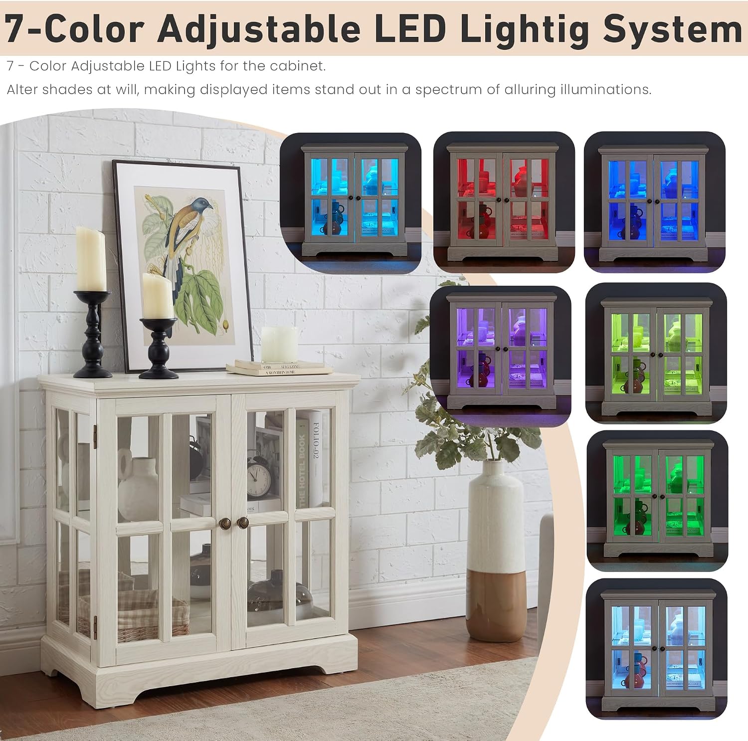 32' H LED Accent Curio Cabinet with 7 Color Lights for Collectibles, Modern Storage Cabinet with Tempered Glass Doors, Sideboard Buffet Case with Smartphone-Controlled Lights (White)