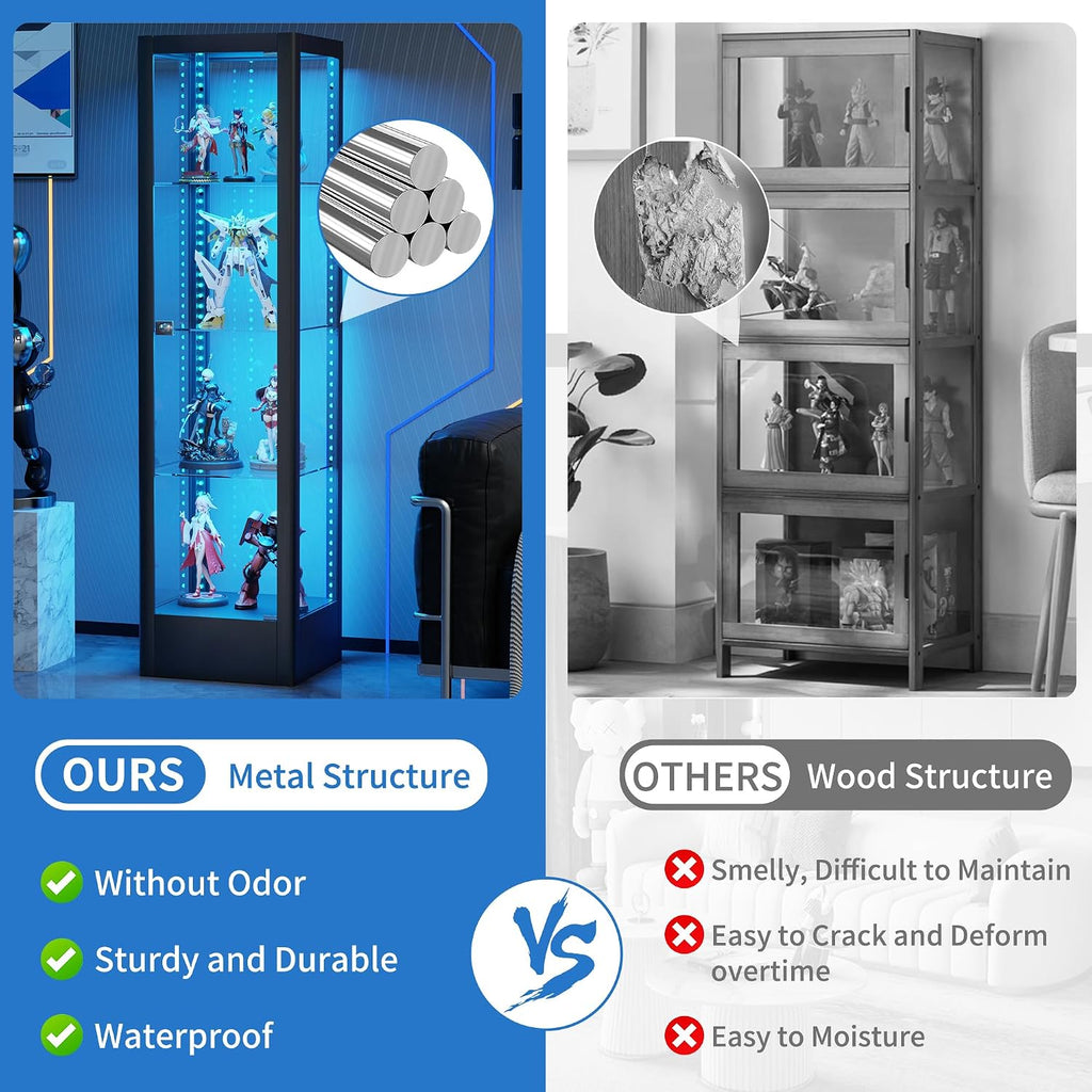 Glass Display Cabinet with 13-Color Light, 63' 4-Tier Curio Cabinet with Glass Door & Lock, Lighted Display Case with Adjustable Shelves for Collectibles Figures Trophy (Black)