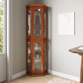 BELLEZE Lighted 3-Side Glass Display Curio Cabinet w/Tempered Glass Doors and Shelves, Accent Wooden Corner Cabinet with Bulb, Corner Storage Decoration Rack for Living Room