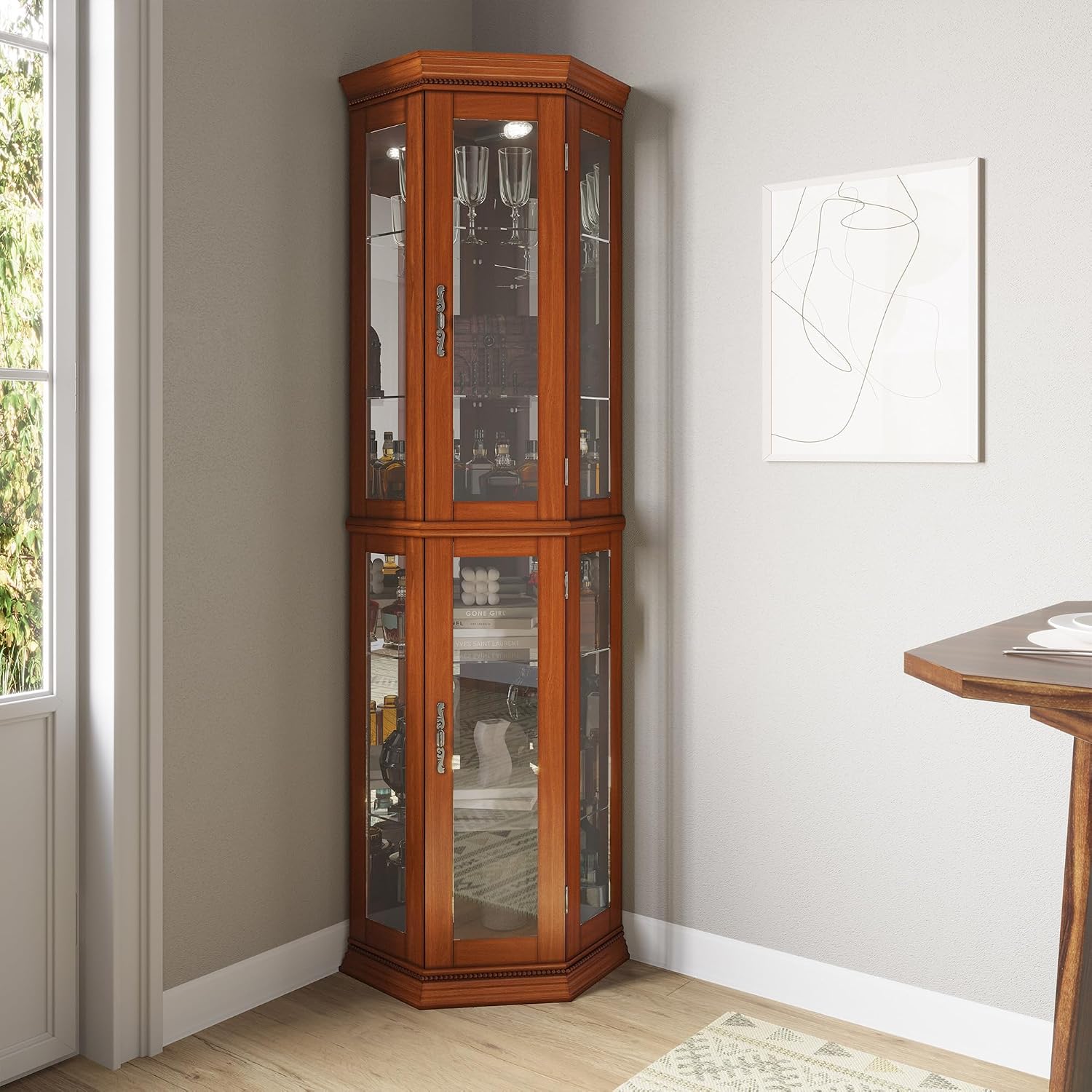 BELLEZE Lighted 3-Side Glass Display Curio Cabinet w/Tempered Glass Doors and Shelves, Accent Wooden Corner Cabinet with Bulb, Corner Storage Decoration Rack for Living Room