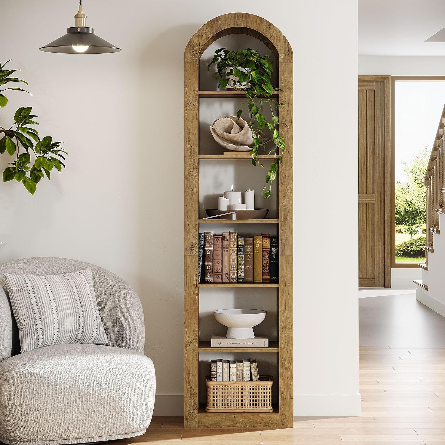 Tribesigns 74.8' Tall Arched Bookshelf, 6-Tier Narrow Open Bookcase, Floor Standing Corner Display Shelves Storage Organizer for Small Space, Home Office, Living Room (Rustic Brown, 1 PC)