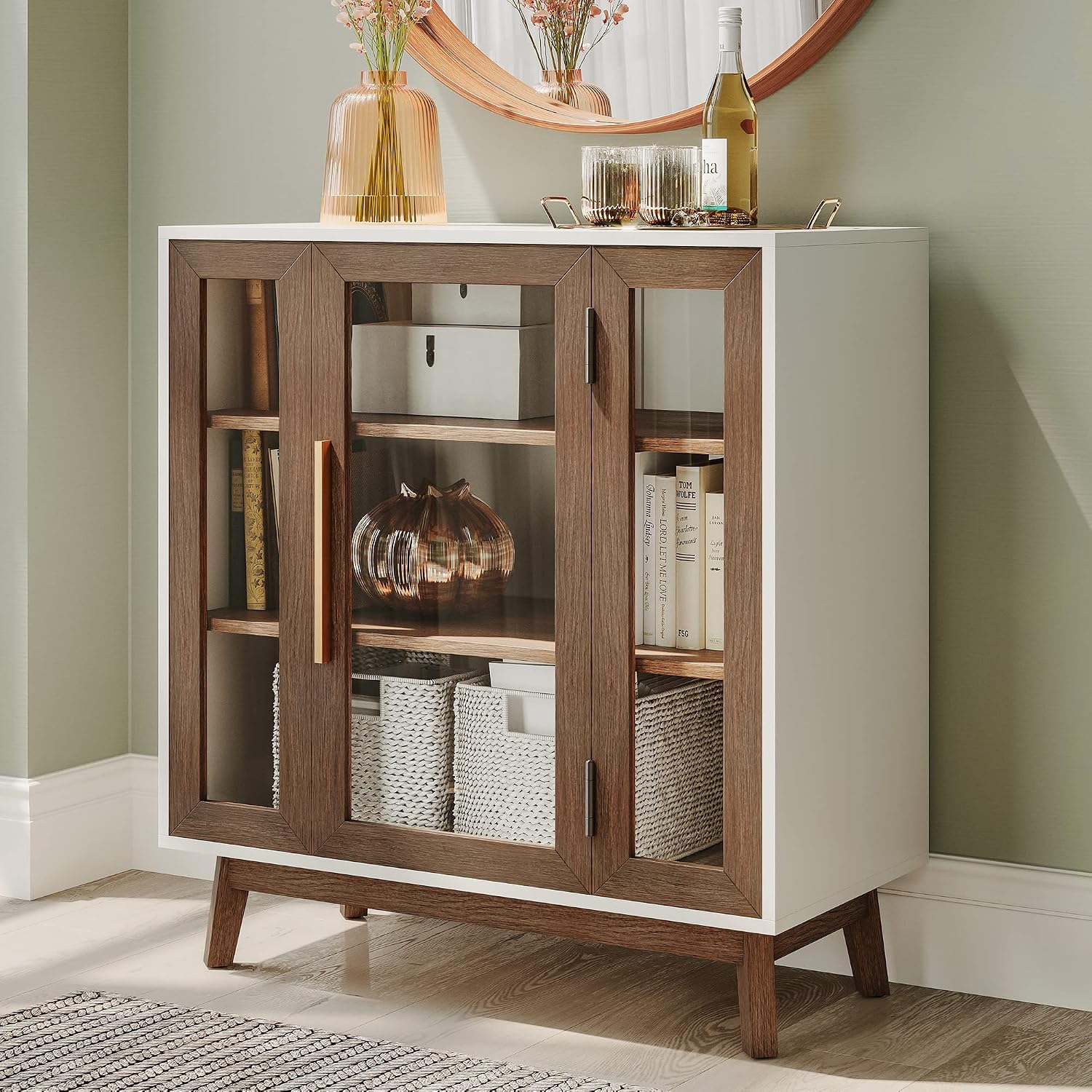 BELLEZE Set of 2 Sideboard 31 Inch Buffet Cabinet with 3-Tiers Shelves and Glass Display Door, Console Table Storage/Pantry Cabinet Coffee Bar for Living Room Entryway, Brown