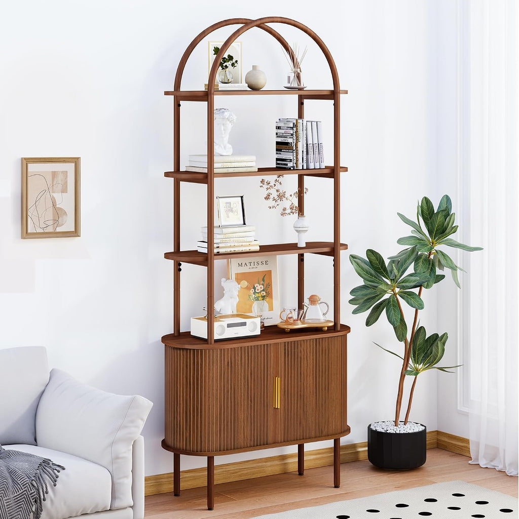 Turtle&Myrtle Tall Arched Bookshelf, Mid Century Modern Fluted Bookcase Cabinet with Sliding Doors, Curved Metal Frame Bookcase, Industrial Storage Display Shelving for Living Room, Bedroom (Walnut)
