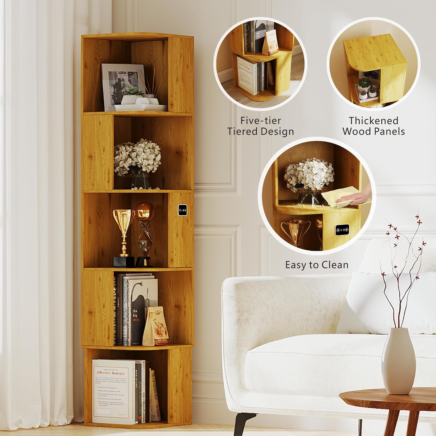 5 Shelf Bookcase - Corner Bookshelf with 3 Colors LED Sensor Lights Modern Cube Storage Organizer for Lego Books Living Room Study Bedroom - Ideal Gift (Wood)