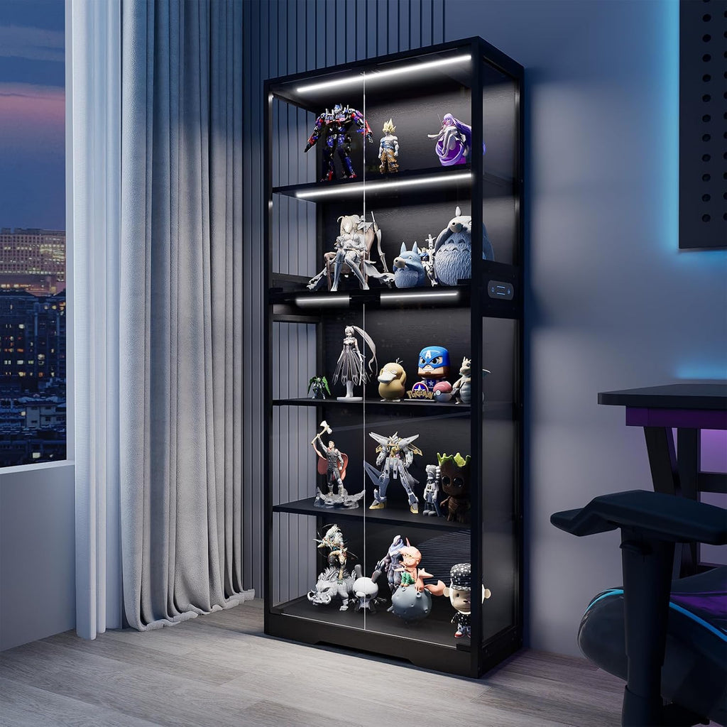 Glass Display Cabinet, 5-Tier Curio Cabinet with Glass Doors, Dimming LED Lights & Motion Sensor, for Collectible Figures, Living Room, Bedroom, or Office (Iron Frame Black)