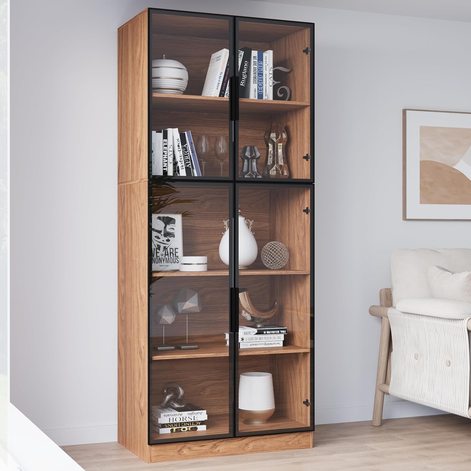 Mekminop Modern Display Storage Cabinet with LED Lights, Glass Door Tall Showcase with 5-Tier Shelves for Collectibles, Books, Wine, Curio Cabinet for Home Office Living Room Bedroom, Walnut