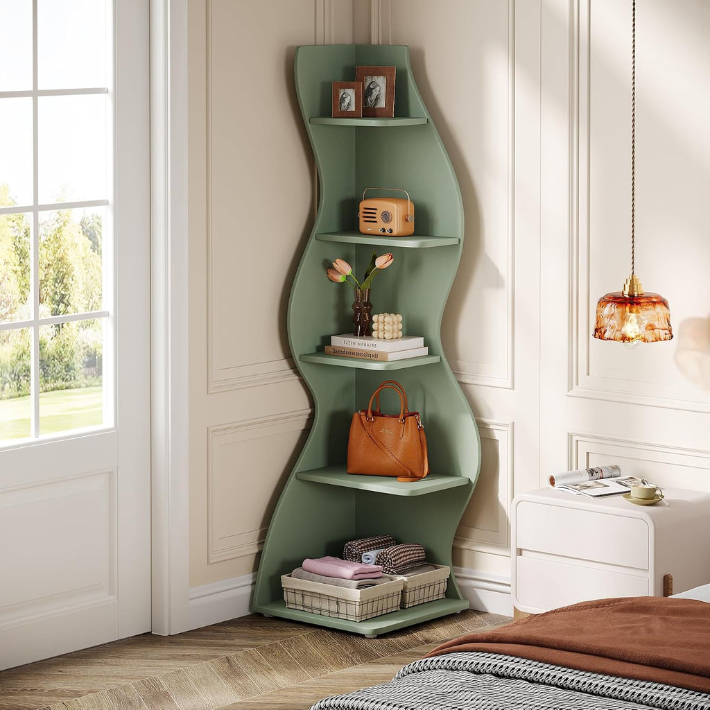 Tribesigns Wavy Corner Shelf Set of 2, Modern 5-Tier Bookshelf Etagere Bookcase with Curvy Shape, Unique Plant Stand Display Shelf for Living Room Small Space (Green)