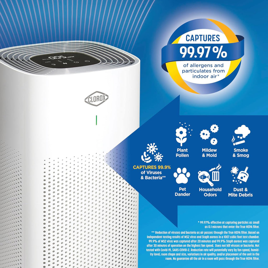 Clorox HEPA Air Purifiers for Home, True HEPA Filter, XL Rooms Up to 2,200 Sq Ft, Removes 99.9% of Mold, Viruses, Wildfire Smoke, Allergens, Pet Allergies, Dust, AUTO Mode, Whisper Quiet
